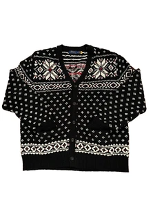 Polo Ralph Lauren Snowflake Cotton Cashmere Cardigan Mens XL Black Fair Isle - Picture 1 of 15
