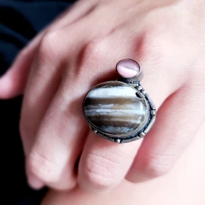 Vintage 925 Sterling Silver Large Agate Ring Size 7.5 Womens Artisan Boho Hippie - Picture 1 of 12