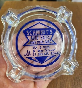 Schmidt's Glass Ashtray Advertising Auto Car Sales Baltimore Maryland VTG Sign - Picture 1 of 4