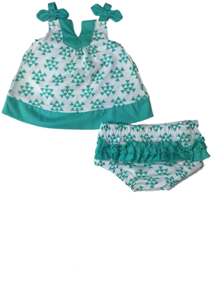 Infant Girls White & Turquoise Tribal Triangle Outfit 2 Piece Tank Top Set NB - Image 1 of 1
