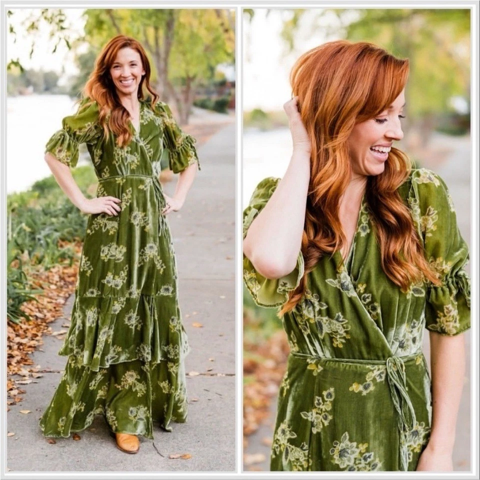 Anthropologie Hutch Green Velvet Wrap Dress Size Small Petite Floral - Image 1 of 4