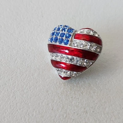 Swarovski Red Blue Clear Crystal Heart Flag Patriotic Brooch Pin Signed Swan mt1 - Image 1 of 4