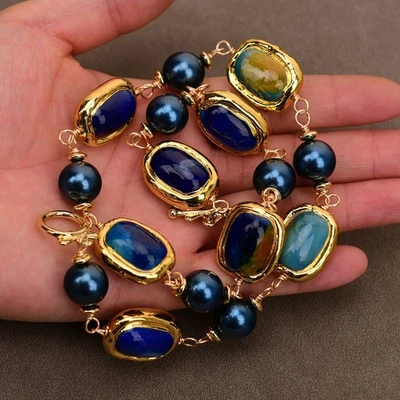 Natural Gold Edged Blue Interstellar Agate Round Sea Shell Chokers Necklace - Image 1 of 4