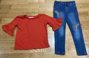 Girl's H&M & Cat & Jack Outfit Size 6 - Orange Top w/Rainbow Jeans EUC - Picture 1 of 7