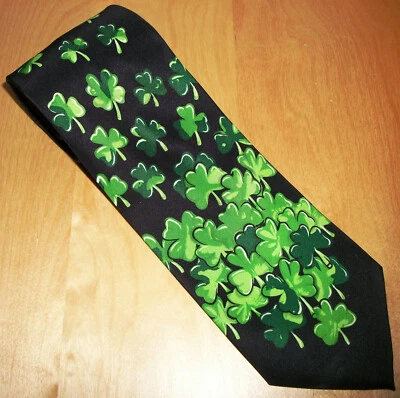 Green Clovers on Black St Patrick's Day Neck Tie Parquet 57" L x 3.6" W (D924) - Image 1 of 4