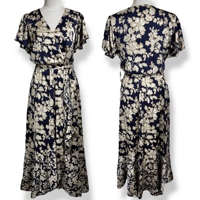 NEW Nicole Miller Faux Wrap Midi Dress Size L Satin Floral Ruffle Belted Fall - Image 1 of 4