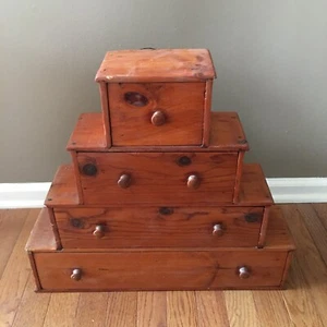 Vintage Desk Tidy 4 Wooden Chest of Crate Drawers In A Stepped Configuration 19" - Picture 1 of 8
