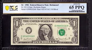1981 $1 FEDERAL RESERVE NOTE RICHMOND FR.1911-E SCARCE EH BLOCK PCGS GEM 65 PPQ - Picture 1 of 2