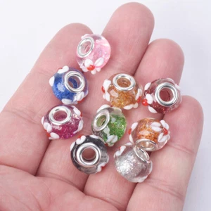 5pcs Round Glittery Lampwork Flower Glass Loose European Charms Big Hole Beads - Picture 1 of 18