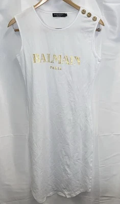 RARE Balmain Paris Women’s White Logo Dress With Gold Buttons Size S - Image 1 of 4