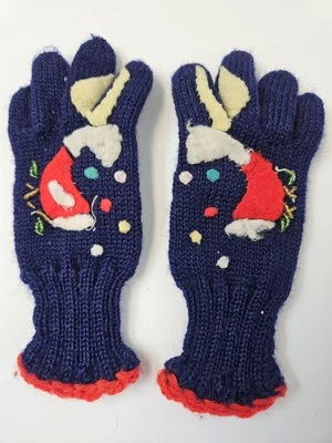 Guantes vintage tejidos a mano para niños con motivo de pelícano azul marino rojo blanco azul Foto 1 de 4