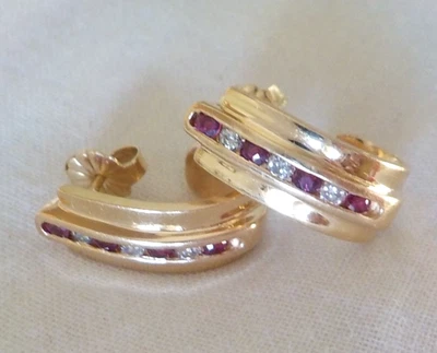 Solid 14k Yellow Gold J Hoop Ruby Diamond Earrings - 6.10 gms, 0.70 in, 0.26 ctw - Image 1 of 4