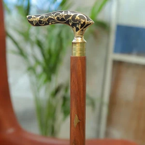Vintage Floral Brass Handle Walking Stick Wooden Elegant Gentleman Cane For Gift - Picture 1 of 7