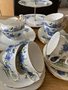 Vintage Royal Vale Pretty Cornflowers Tea Cups Saucers 22pc China Set Cake Stand - Picture 1 of 9
