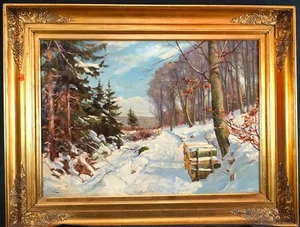 HARALD JULIUS NIELS PRYN 1891-1968 SNOWY WINTER FOREST ANTIQUE OIL Painting - Picture 1 of 17