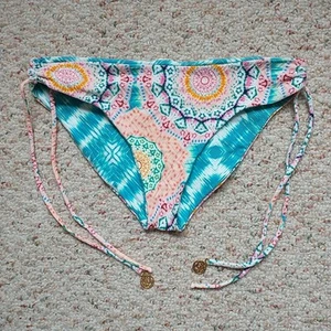 LULI FAMA Bikini Bottom Womens M Multicolor Geometric Charms Logo Cinched 14.5x9 - Picture 1 of 8