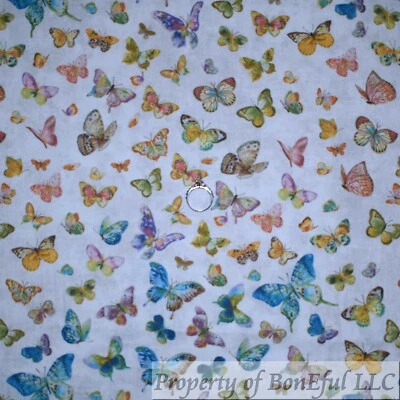 BonEful FABRIC FQ Cotton Quilt White Rainbow Butterfly Calico Small Animal Print - Image 1 of 4