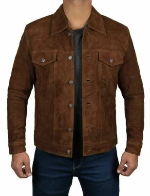 Men's Logan Dark Brown Suede Leather Jacket Western Denim Style Trucker Jacket - Image 1 of 4