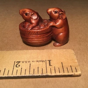 Japanese Boxwood Netsuke - Two Mice with Pot - Signed - Picture 1 of 7