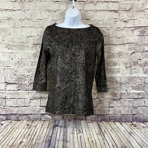 Lauren Jeans Top Womens Size Small Black Gold Paisley Print Cotton 3/4 Sleeve - Picture 1 of 7