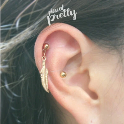 20g 16g feather dangle chain cartilage earring rose gold helix tragus labret 1pc - Image 1 of 4