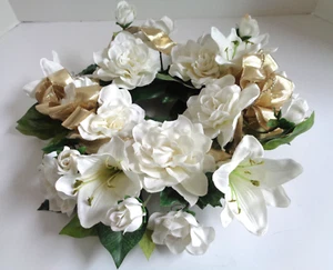 Candle Ring Wreath Artificial Silk White Roses/Lilies Gold Ribbon Wedding Anniv - Picture 1 of 10
