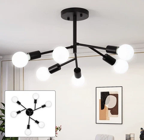Modern Sputnik Chandelier, 6-Light Black Mid Century Semi Flush Mount Cover