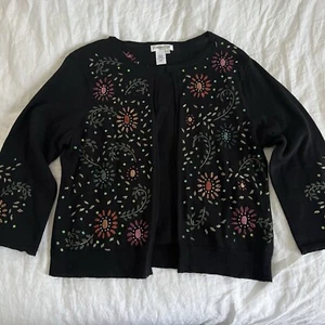 Coldwater Creek Black and Multicolored Floral Embroidered Sequined Cardigan Sz L - Picture 1 of 11