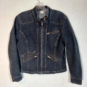 Y2K Vintage DKNY City Denim Moto Jacket Size 12 Blue Denim 1990s Hong Kong *Hole - Picture 1 of 13