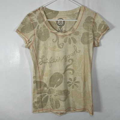 Life Is Good T Shirt Womens Size Medium Beige Floral Round Neck Cap Sleeve - Image 1 of 4