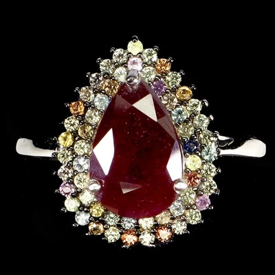 925 Sterling Silver Ring Pear Ruby 12x8mm Sapphire Diamond Cut Gemstone Size 8 - Image 1 of 4
