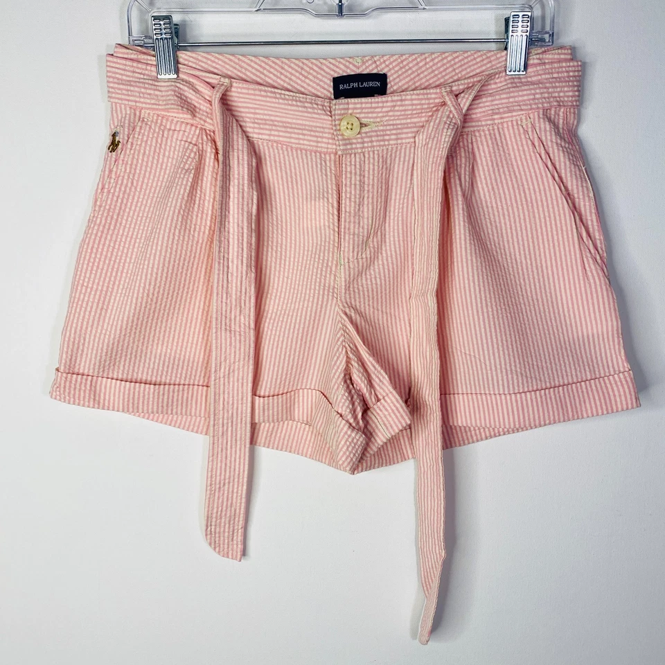 RARO Ralph Lauren Seersucker Mujeres Pantalones Cortos con Cinturón Talla 16 Rosa Blanco Rayas Poni Foto 1 de 4