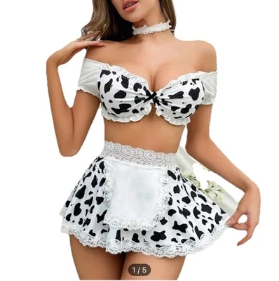 Women's Cow Print Lace Trim 2 Piece Cosplay Costume Set S Halloween Party Rave - Image 1 of 3