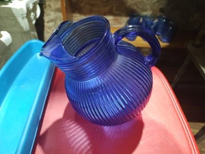 Cobalt Blue Glass Pitcher & 6 Glasses Hazel-Atlas Vintage Antique - Picture 1 of 8