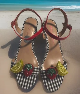 NEW Betsey Johnson Women Malian Gingham Fruit Strap Heels Sandals,Sz. 8 - Picture 1 of 16