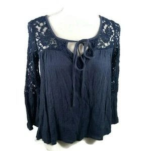 MUDD Bohemian Peasant Top Extra Small Blue Bell Quarter Sleeves Crochet & Lace - Picture 1 of 13