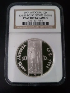 1994 Andorra 10 Diners Sliver NGC PF 69 UC KM-89 ECU Customs Union Peter III - Picture 1 of 2