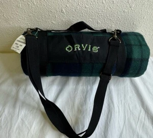 Orvis Green Black Plaid Throw Blanket Roll Up Handle Water Resistant Backing NWT - Picture 1 of 6