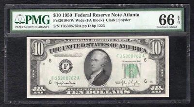 FR 2010-FW WIDE 1950 $10 FRN FEDERAL RESERVE NOTE ATLANTA, GA PMG GEM UNC-66EPQ - Image 1 of 2