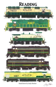 Póster de ferrocarril de locomotoras de líneas de lectura de 11""x17"" firmado por Andy Fletcher - Imagen 1 de 1