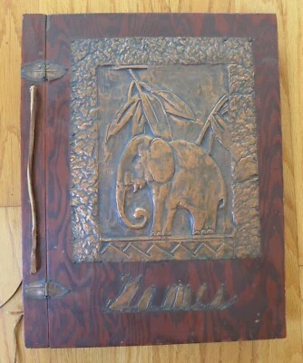 VINTAGE Wooden ELEPHANT GAMES Photo Album Scrapbook Hand-Made Metal Relief - Image 1 of 4