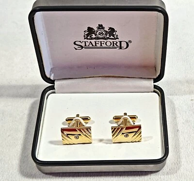 Stafford Cufflinks Gold Tone with Clear Rhinestone Center Stone Rectangular  - Image 1 of 4
