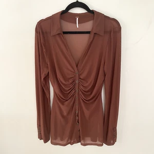 Free People Ruched Mesh Top Brown L Sheer Whimsigoth Y2K Grunge Romantic Button - Picture 1 of 11