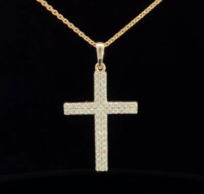 Juego de pavé de diamantes redondos de 0,54 quilates de oro amarillo macizo de 14 quilates colgante de cruz de doble fila Foto 1 de 4