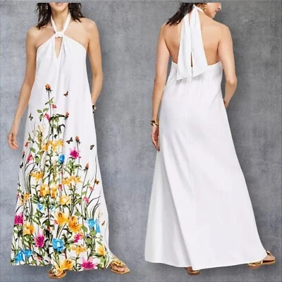 Maxi Vestido Halter 2024 Nuevo con Etiquetas $120 Inc Lino Floral Llavero M Bolsillos Espaldos Abiertos Foto 1 de 4