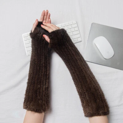 12"/16" Women's Real Mink Fur Fingerless Gloves Knitted Wrist Mittens Sleeves - Image 1 of 4