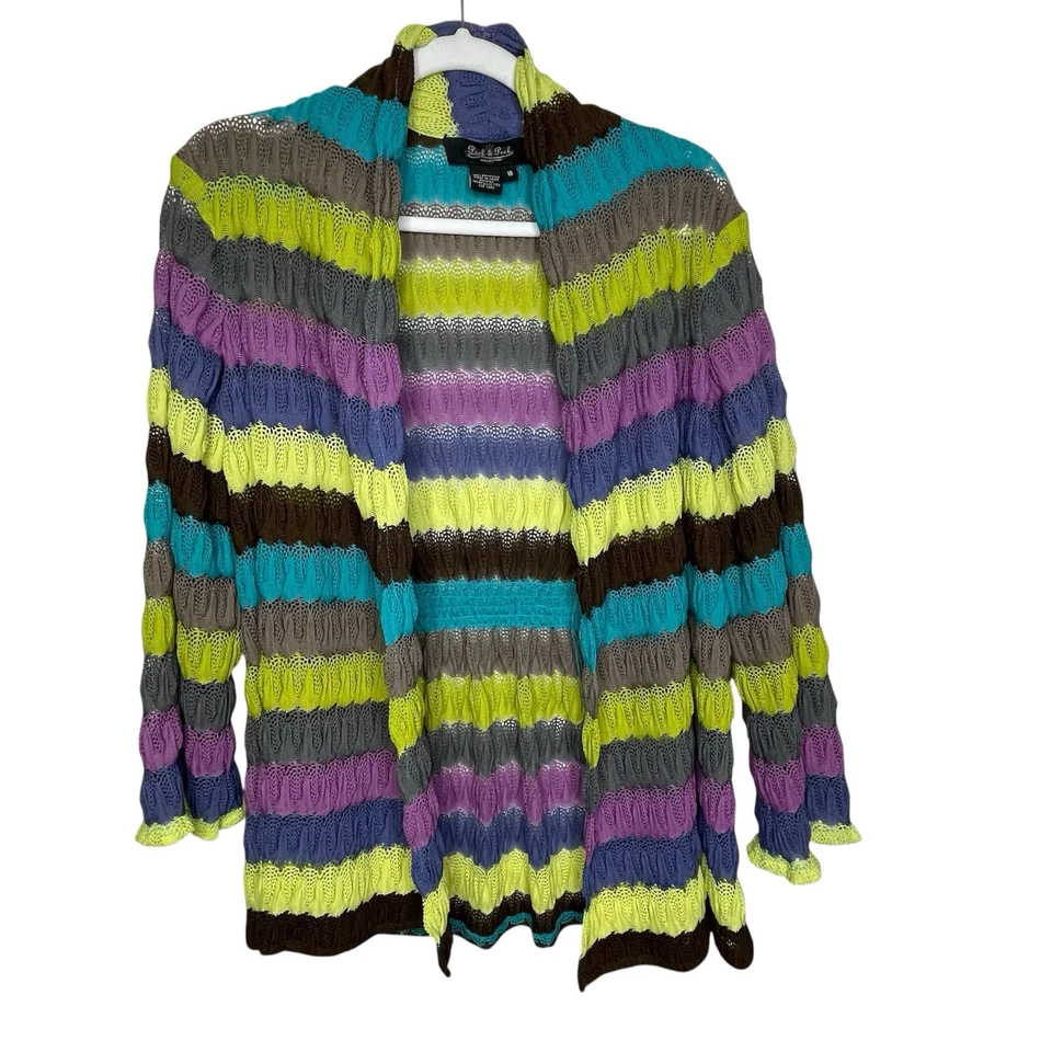 Cárdigan de ganchillo a rayas Peck & Peck para mujer talla 10 frente abierto boho arte para usar Foto 1 de 4