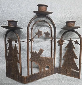 Triple Rustic Metal Candle Holders W/Moose & Christmas Trees - Picture 1 of 3