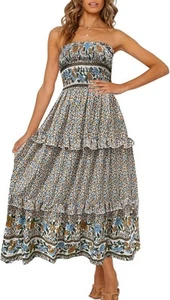 ZESICA Women's 2023 Summer Bohemian Floral Printed Strapless Beach Party Long - Picture 1 of 6