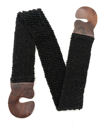 Women’s Belt Black Beaded 36-38" Boho Cottagecore Peasant Wood Hook - Image 1 of 4